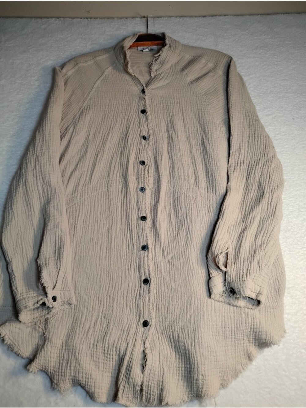 Urban Daizy Cotton Gauze Shirt Tunic Top Long Sleeve Raw Hem Lounge Size L Tan